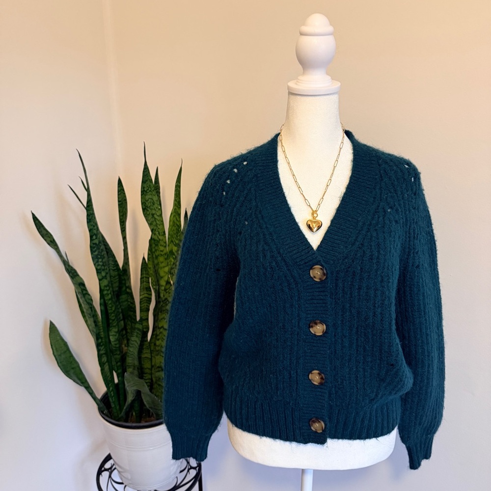 LOFT | Deep Teal Chunky Knit V-Neck Button Cardigan‎